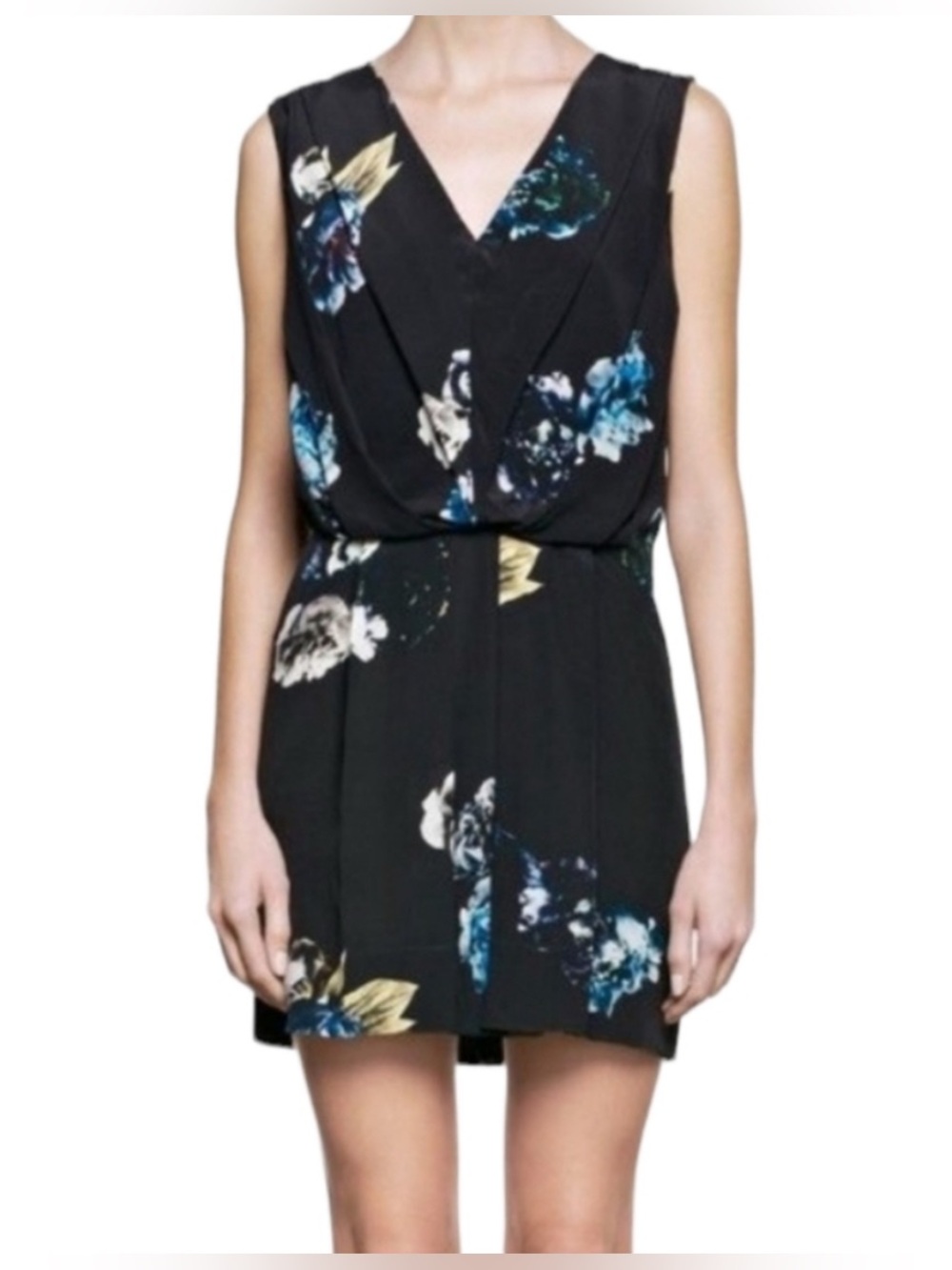 AllSaints Black Floral V-Neck Mini Dress with Blue & Cream Accents
